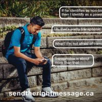 Image for sendtherightmessage.ca campaign by the LGBTQ Initiative, about responding in non-harmful ways to LGBTQ folk