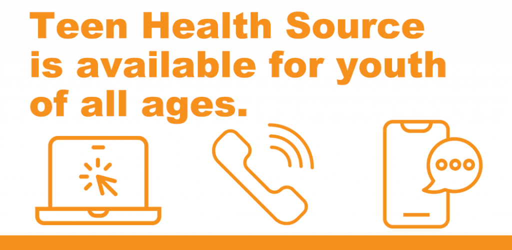 Text says Teen Health Source is available for youth of all ages. Below that are icons for a laptop, a ringing phone, and a smartphone texting.
