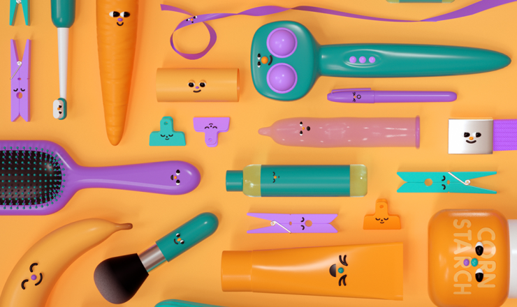 The cover for the DIY Sex Toys resource, features household items (banana, cucumber, hairbrush, toothbrush, etc.) and a bottle of lube and a condom. They all have cute cartoony faces.
