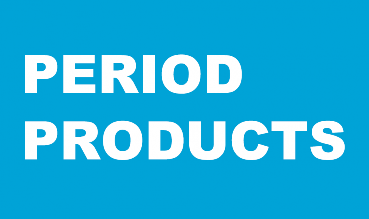 White text on Blue background that reads Period Products
