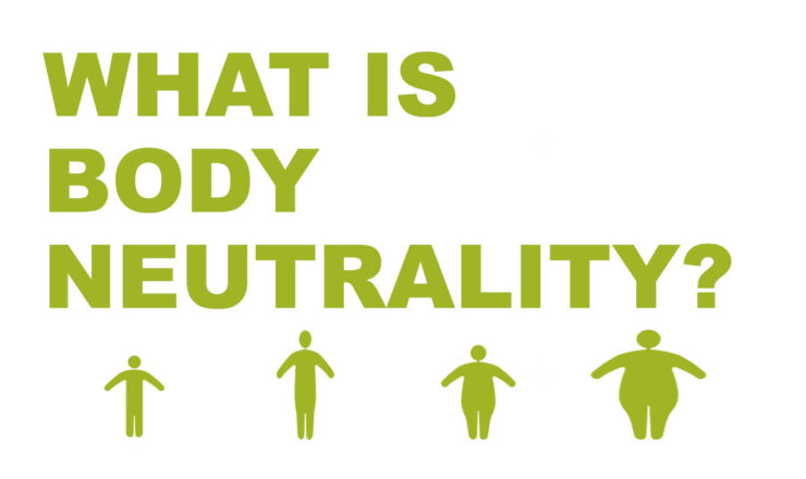 Large green text that reads "What is Body Neutrality?" and underneath are clipart silhouettes of 4 different bodies of different sizes.