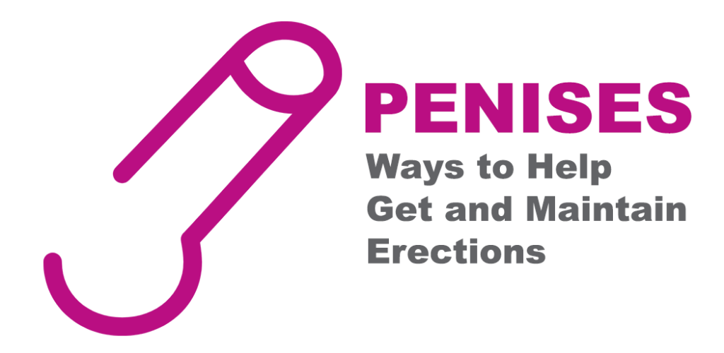 On the left is a Fuchsia icon of an erect penis. The fuchsia text reads "PENISES" and then underneath is grey text that says "Ways to Help Get and Maintain Erections"