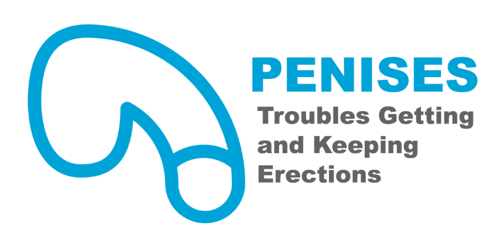 On the left is a blue icon of a flaccid penis. The blue text reads "PENISES" and then underneath is grey text that says "Troubles Getting and Keeping Erections"
