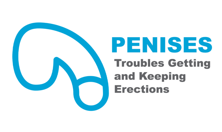 On the left is a blue icon of a flaccid penis. The blue text reads "PENISES" and then underneath is grey text that says "Troubles Getting and Keeping Erections"