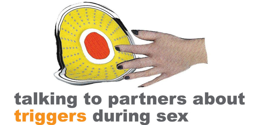 Along the bottom is grey text that reads "Talking to partners about triggers during sex" except the work Triggers is in orange. Above is a collaged image of a light coloured hand with black painted finger nails over a distorted, wavy image of an orange button on a yellow circle, with a chrome border.