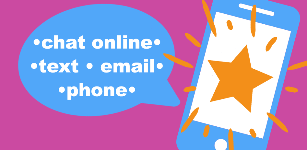 This is an image advertising the communication services with TeenHealthSource.com. The background is fuchsia. There's a blue phone and a blue speech bubble. In the speech bubble is white text that reads "Chat Online. Text. Email. Phone." On the phone is a bursting orange star.