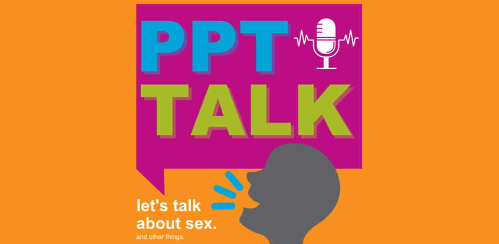 The image has a bright orange background. In the centre is the logo for the podcast series PPT Talk. in the middle right is the side silhouette of a grey head that is speaking, and the fuchsia speech box coming from their mouth says "PPT" in blue and "TALK" in green. There is also a white icon of a microphone.