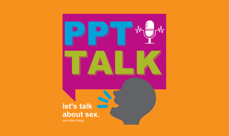 The image has a bright orange background. In the centre is the logo for the podcast series PPT Talk. in the middle right is the side silhouette of a grey head that is speaking, and the fuchsia speech box coming from their mouth says "PPT" in blue and "TALK" in green. There is also a white icon of a microphone.