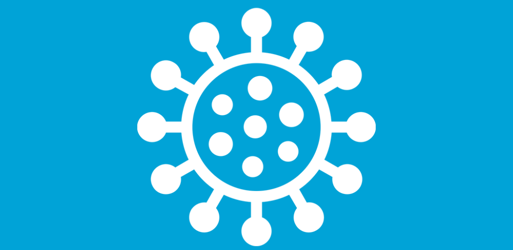 This is a white icon of a COVID cell on a blue background.