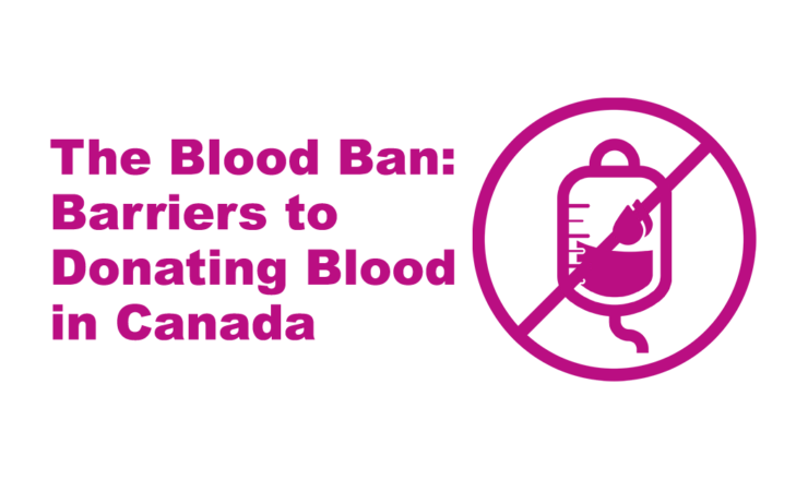 The left is fuchsia text that reads "The Blood Ban" Barriers to Donating Blood in Canada." On the right is an icon of a blood bag with a Ban circle over top. The background is white.