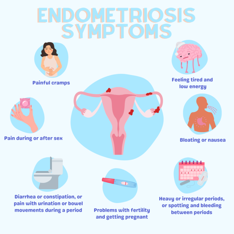 An infographic illustrating the symptoms of endometriosis including: pain during or after sex, diarrhea or constipation, or pain with urination or bowel movements during a period, problems with fertility and getting pregnant, heavy or irregular periods, or spotting and bleeding between periods, bloating or nausea, and feeling tired and low energy.